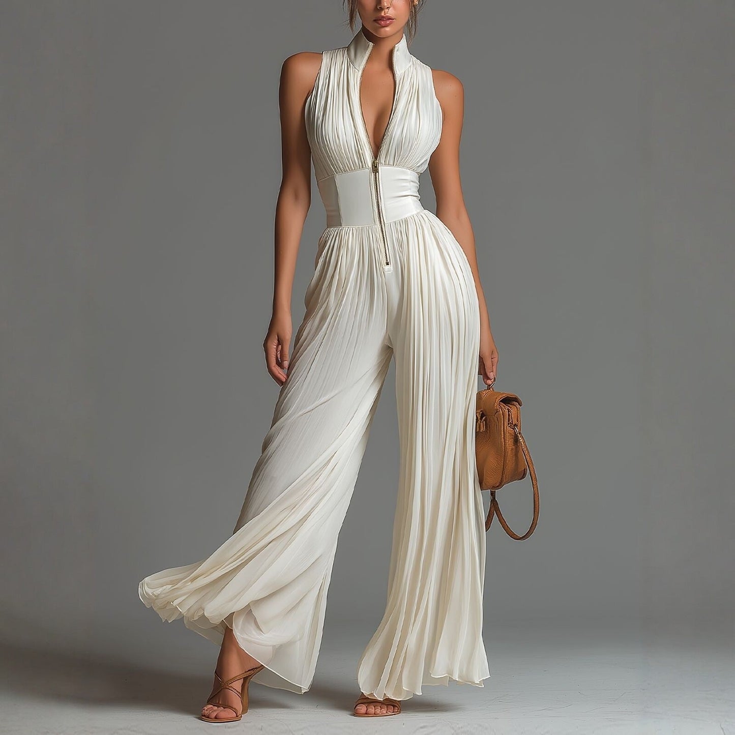 Aurélie – "Pleated Chiffon" V-Neck Jumpsuit